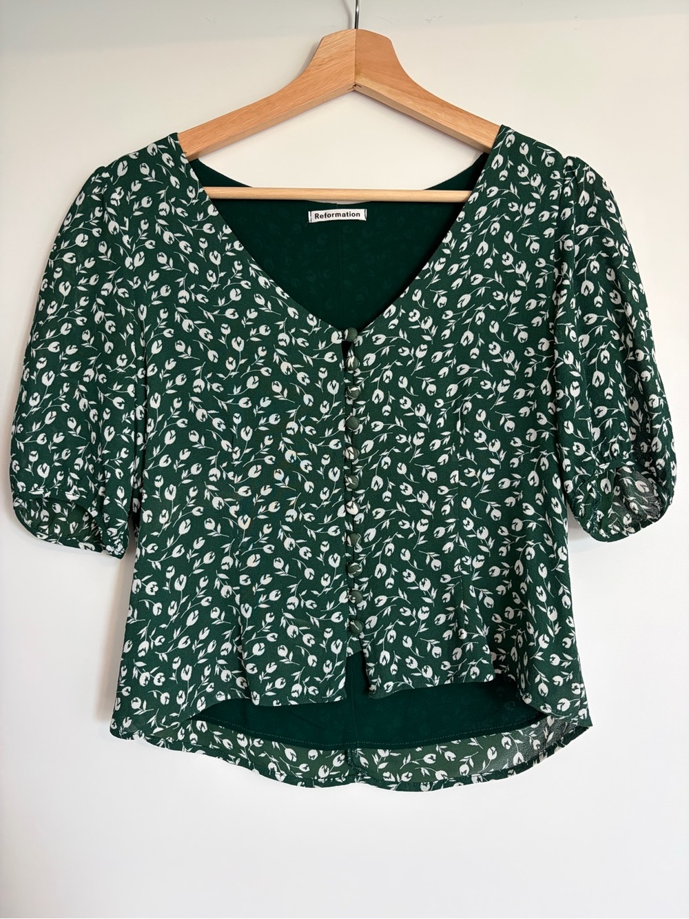 Reformation Dark Green White Floral V-Neck Puff Sleeve Blouse